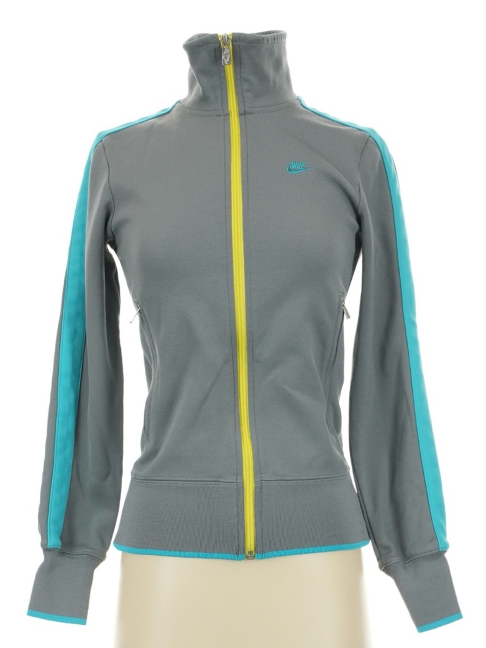 Nike Women’s Grey Bomber Jacket with Teal Stripes and Yellow Zipper